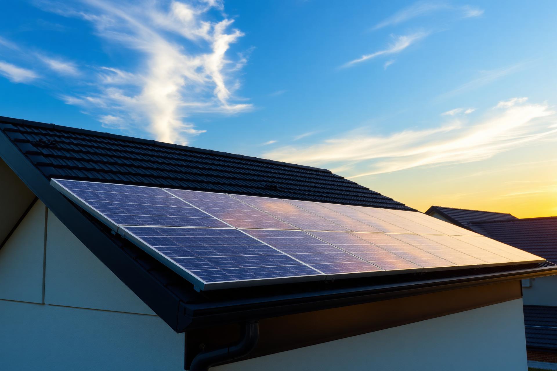 Solar panels on a rooftop at sunset